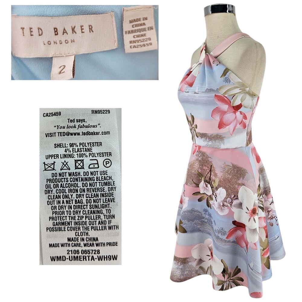 Ted Baker London Umerta Floral Skater Minidress fit n flare blue pink UK 2 US 6 - Picture 3 of 4
